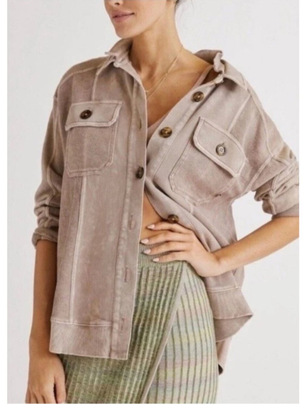Anthropologie Pilcro Brown Tan Shirt Jacket Shaket Double Collar Button-Up XXS
